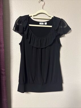 #826 Cato Black Sheer Flutter Sleeve Top Size Medium
